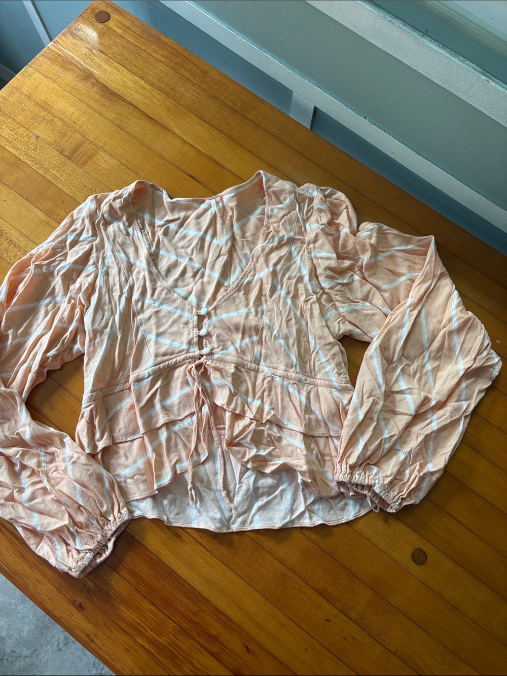 Free People Peach Striped V-Neck Peplum Top